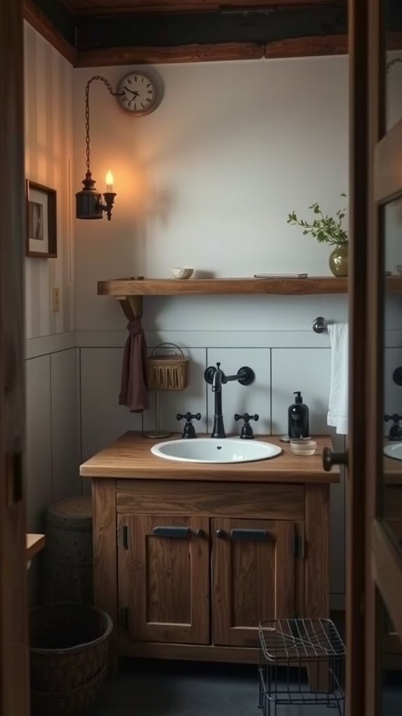A small rustic bathroom featuring a wooden vanity with vintage fixtures and a warm color palette.