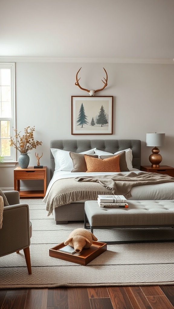 A cozy living room with woodland-inspired accessories, featuring antlers on the wall, warm textiles, and a natural color palette.