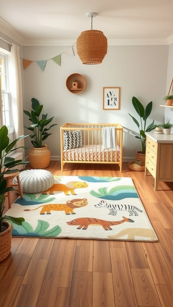 A bright nursery featuring wooden flooring and a colorful animal-themed area rug.