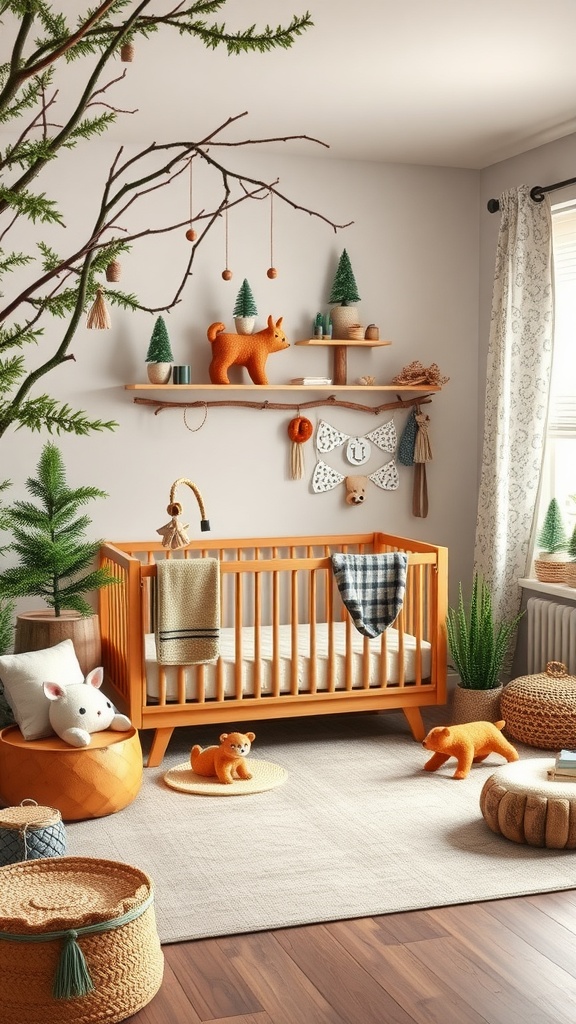 Woodland themed nursery for a baby boy featuring natural wood crib, plush toys, and greenery.