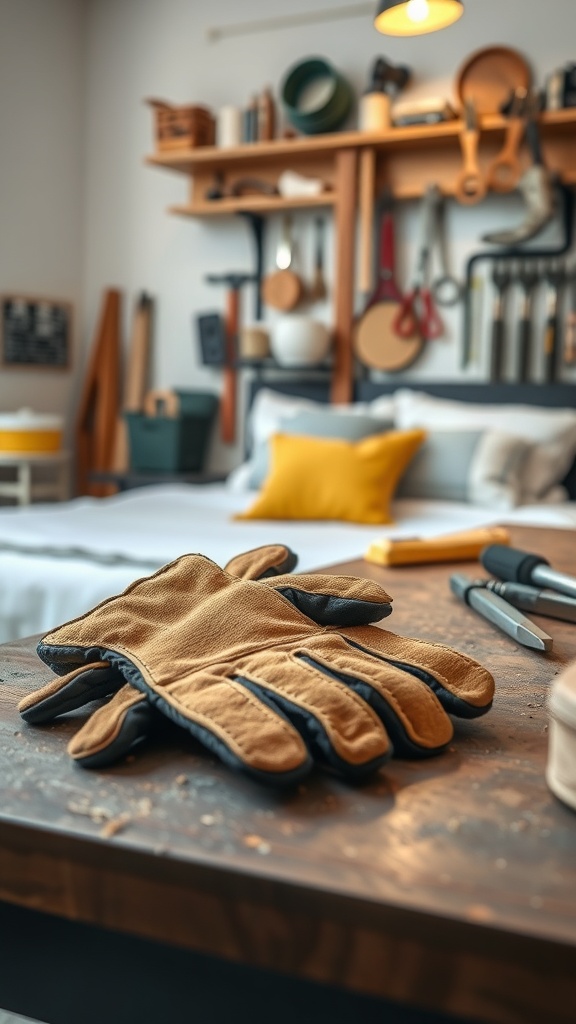 A pair of brown work gloves on a wooden workbench with tools in the background.