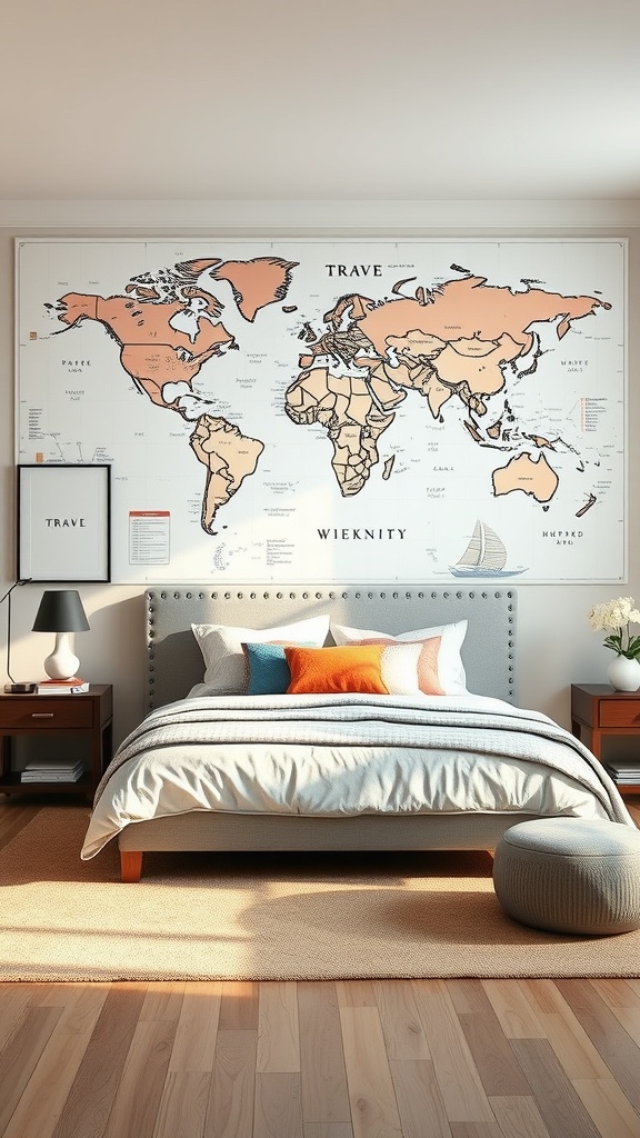 A bedroom with a world map accent wall, featuring a cozy bed and travel-themed decor.