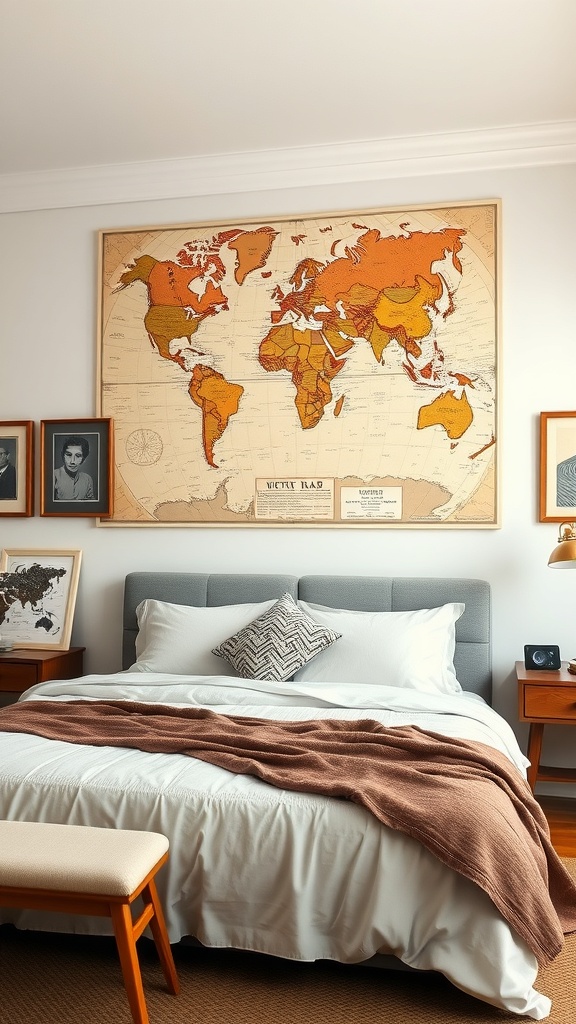 A cozy bedroom featuring a world map accent wall, neutral bedding, and wooden furniture.