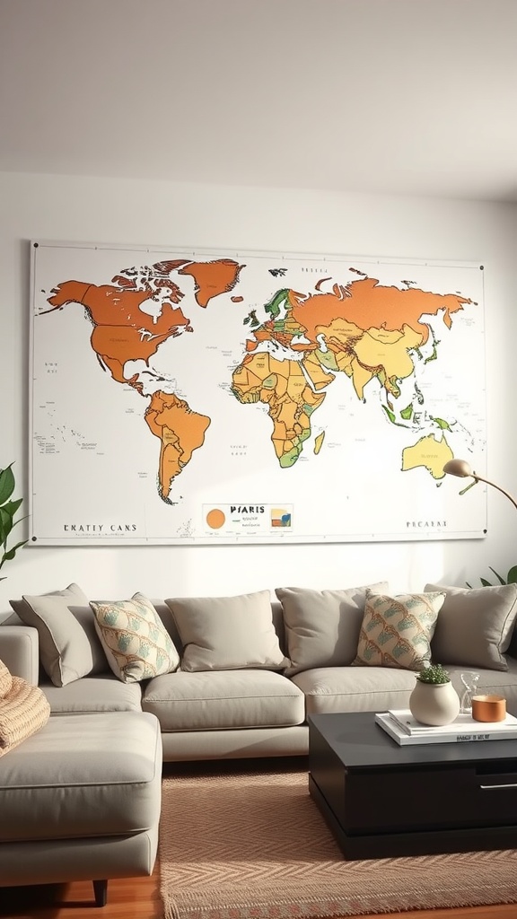 Large world map wall art above a cozy sectional sofa in a living room