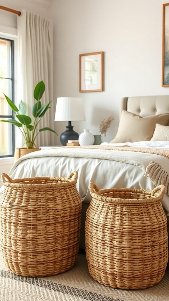 Two woven baskets beside a bed in a cozy room