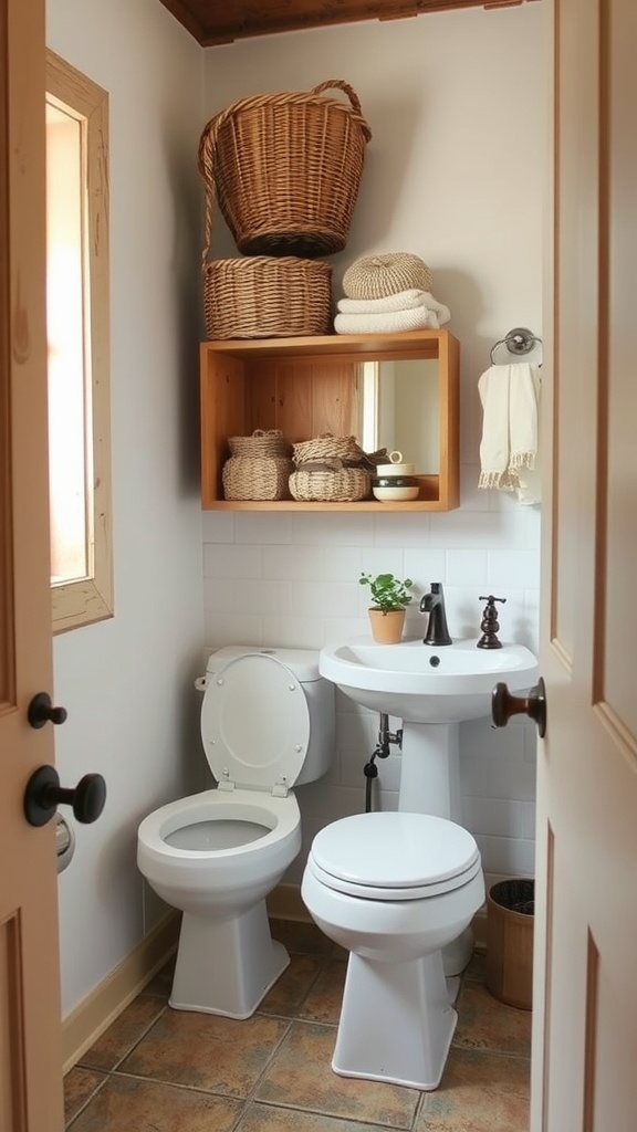 A small rustic bathroom featuring woven basket storage on a wooden shelf, with clean fixtures and natural accents.