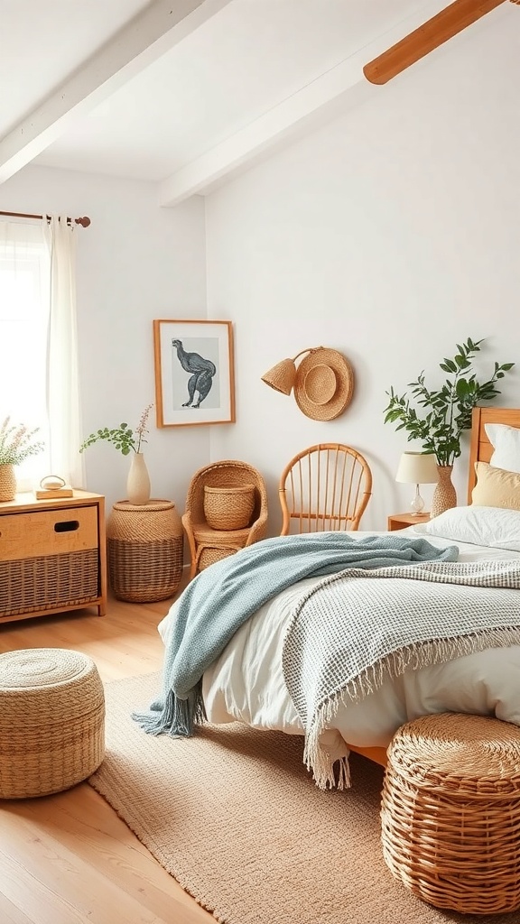 A cozy cottagecore bedroom featuring woven baskets, a bed with a soft blanket, and natural decor elements.