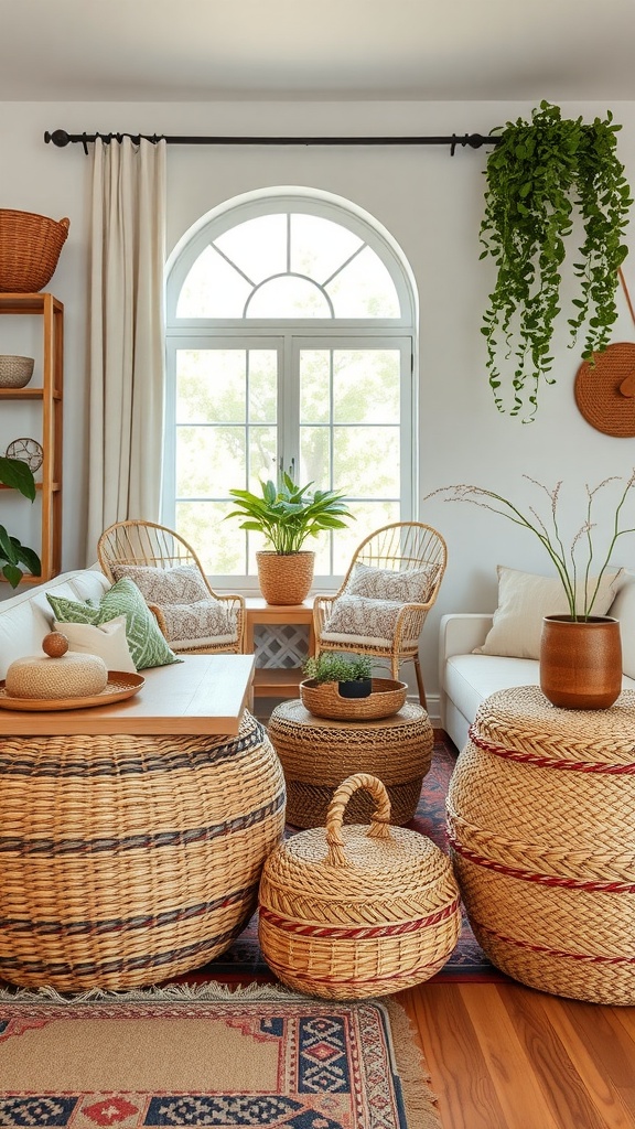A cozy living room featuring various woven baskets for storage and decoration.
