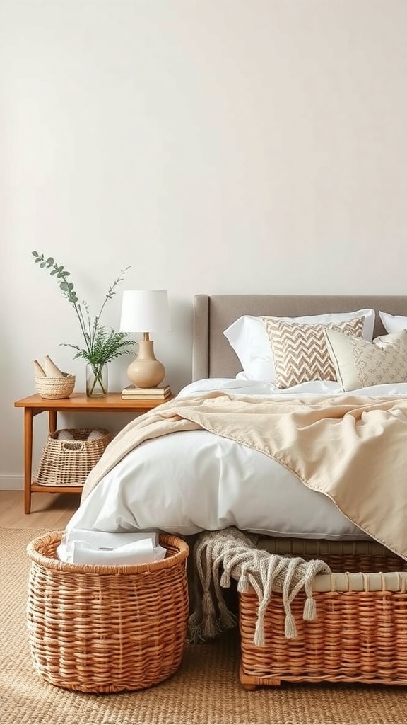 A cozy bedroom featuring woven baskets under the bed for storage.