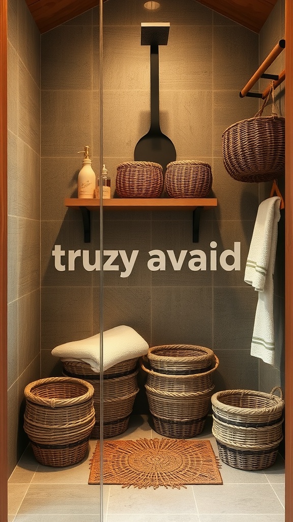 A rustic walk-in shower featuring woven baskets for storage