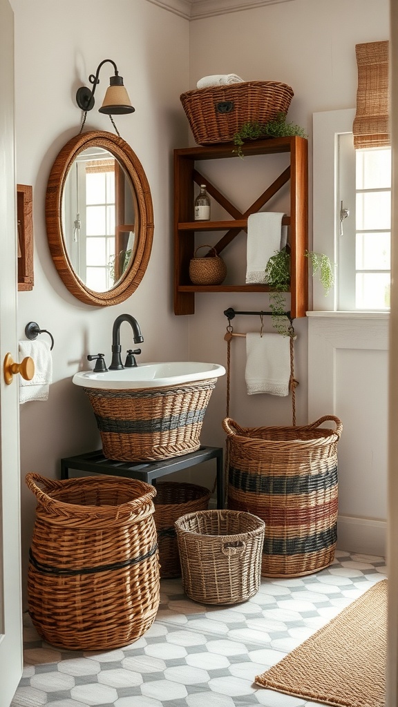 A rustic bathroom featuring woven baskets for storage, with a sink and wooden shelving.