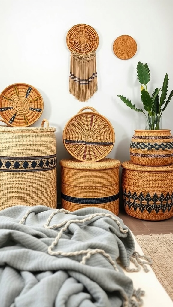 A collection of woven baskets in a boho green bedroom setting