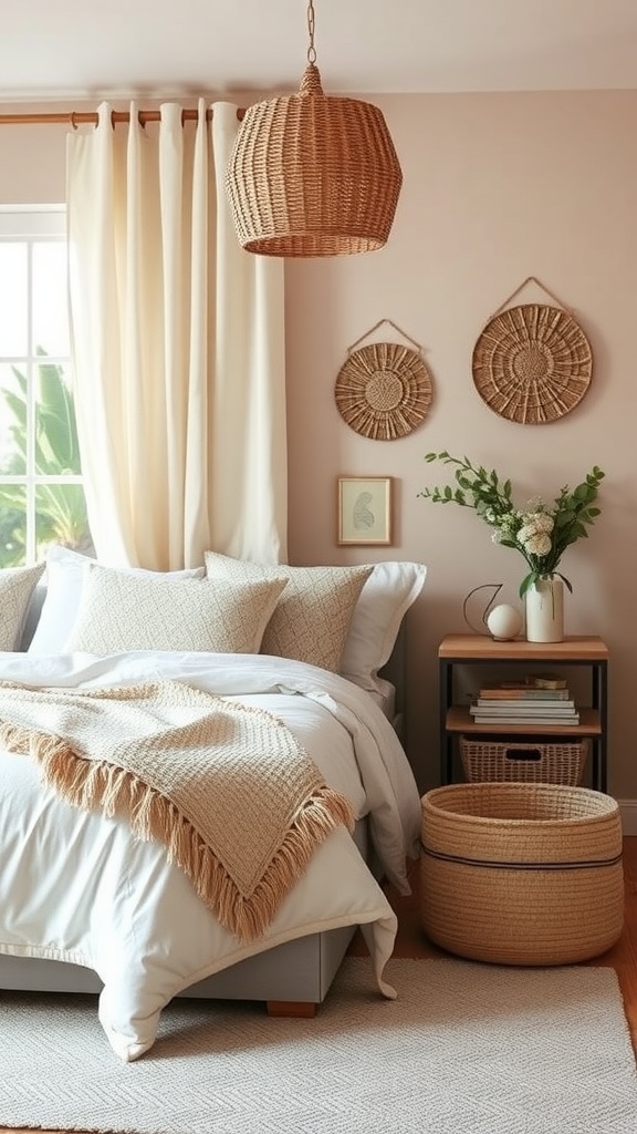 A cozy boho bedroom featuring a bed with soft pillows and a fringed throw, complemented by woven baskets for storage.