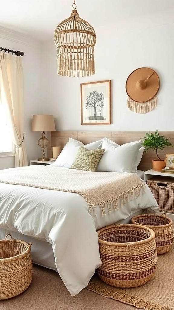 A cozy bohemian bedroom featuring woven baskets for storage, a comfortable bed, and natural decor elements.