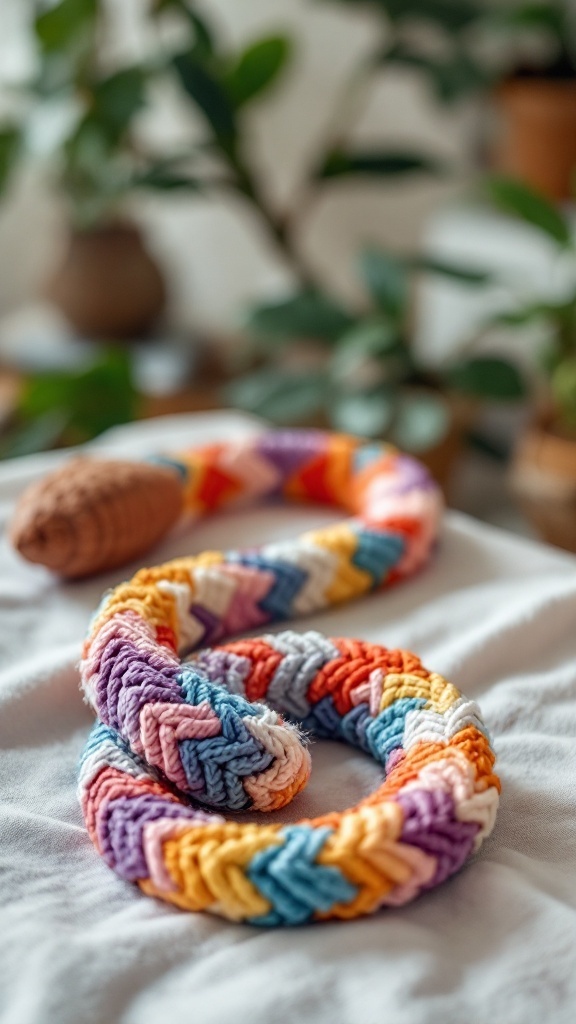 Colorful crochet fidget snake on a white surface with plants in the background