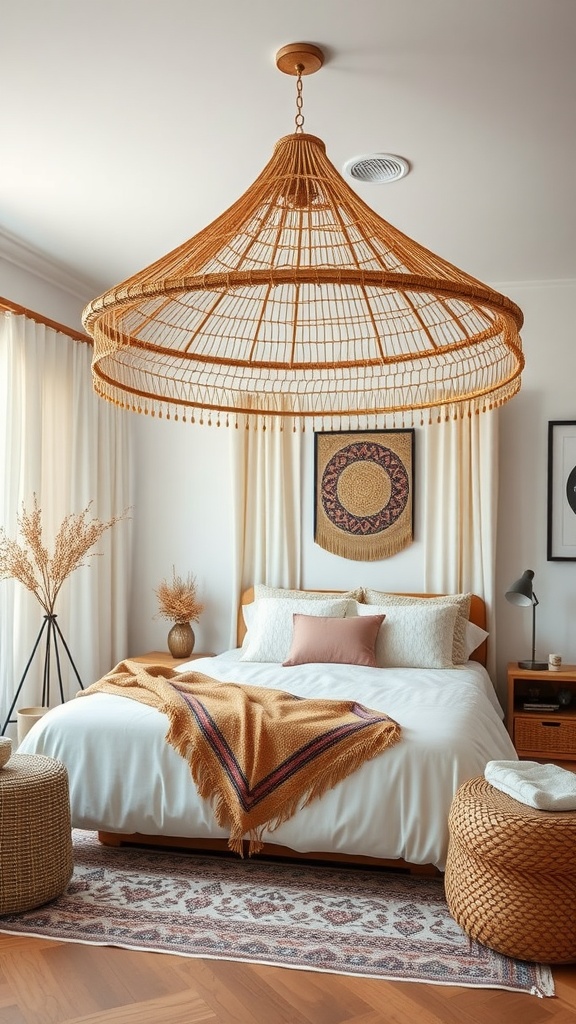 A bedroom featuring a woven rattan canopy design with a light fixture above the bed, complemented by neutral bedding and soft decor.