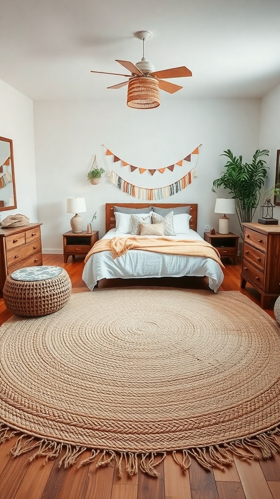 A cozy boho bedroom featuring a round woven rug, wooden furniture, and decorative elements.