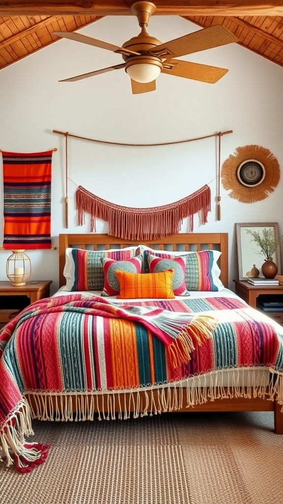 A cozy western bedroom featuring vibrant, striped woven blankets on a bed with decorative wall hangings.