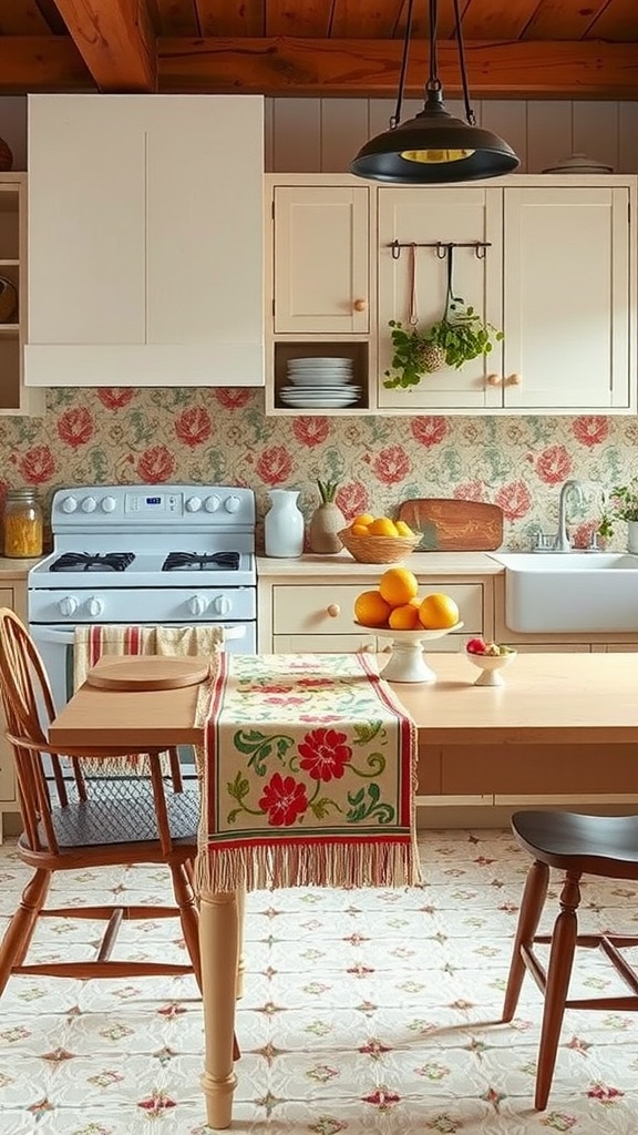 Cozy retro kitchen featuring woven textiles and floral patterns