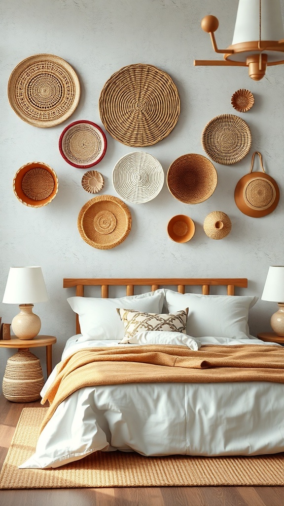 A collection of woven wall baskets arranged on a wall, showcasing different sizes and patterns.
