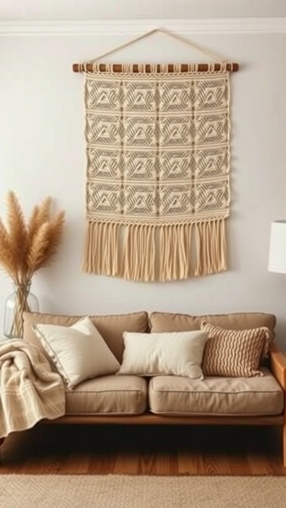 A woven wall hanging made of macramé displayed above a cozy couch with neutral cushions.