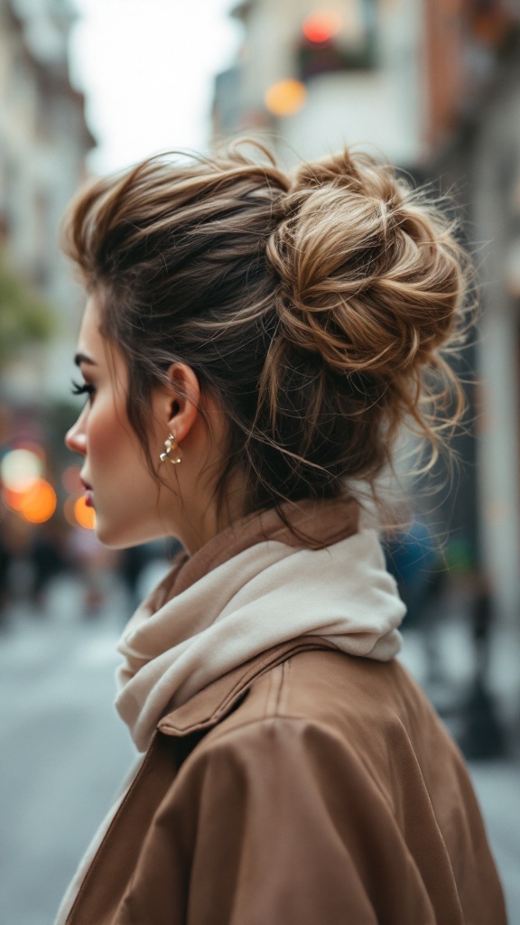 A woman with a stylish wrapped bun hairstyle, accessorized with a scarf.