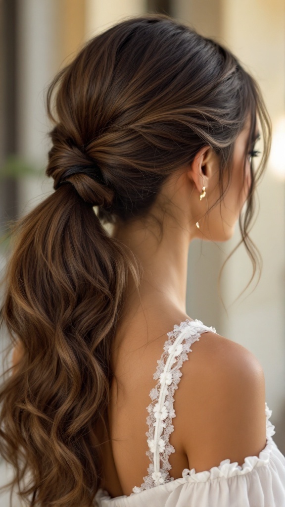 A woman with a wrapped ponytail hairstyle, showcasing soft waves and a polished look.