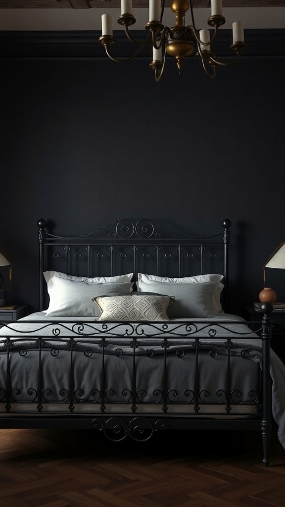 A dark wrought iron bed frame with intricate designs, complemented by soft bedding and a stylish lamp.