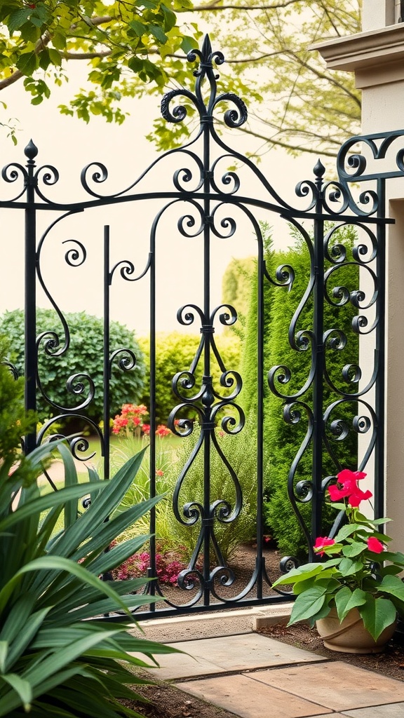 Wrought iron gate with intricate design surrounded by greenery and flowers