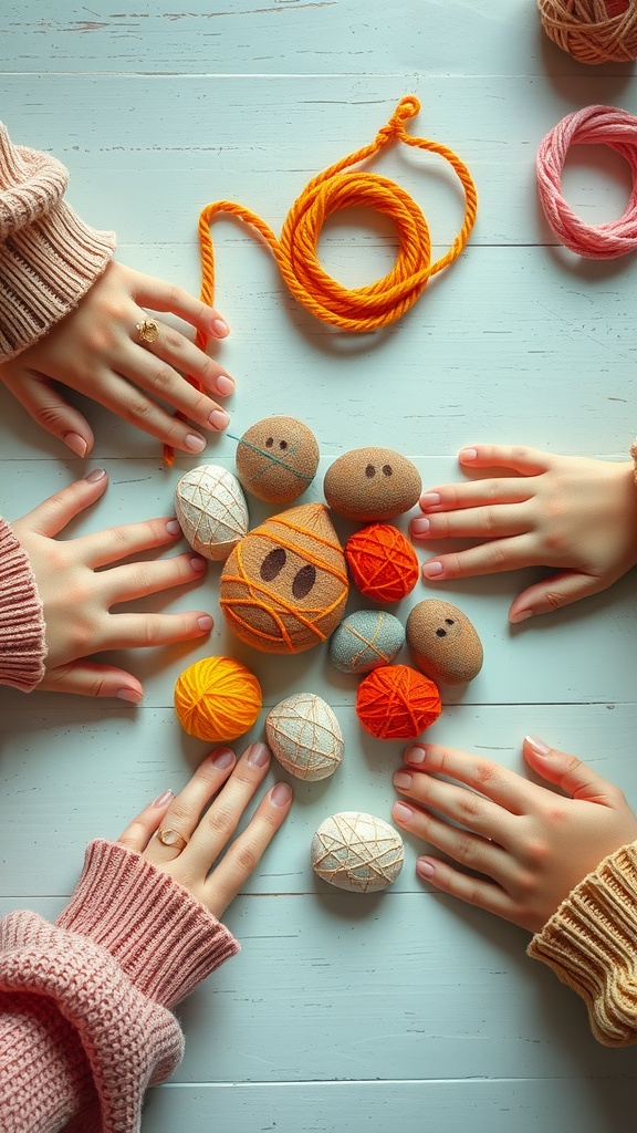 Colorful yarn-wrapped stones arranged on a table with hands ready to create.