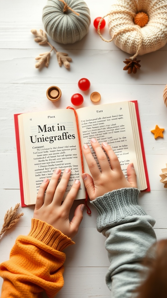 Two hands holding an open book surrounded by craft materials including pumpkins and colorful decorations.