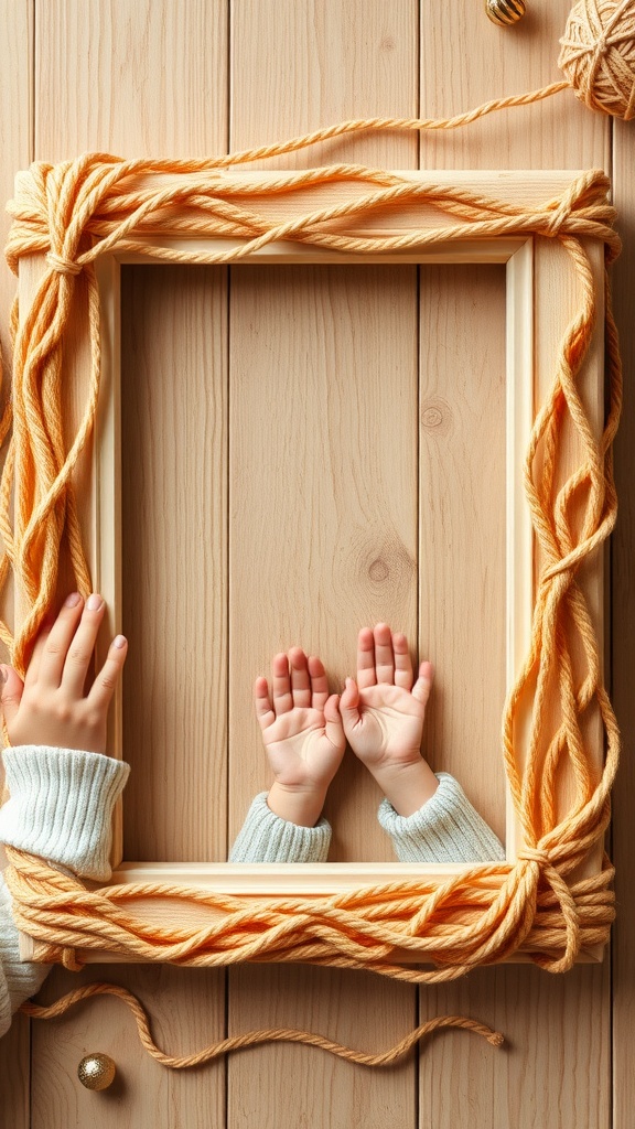 A wooden picture frame wrapped with orange yarn, with children's hands reaching out from it.