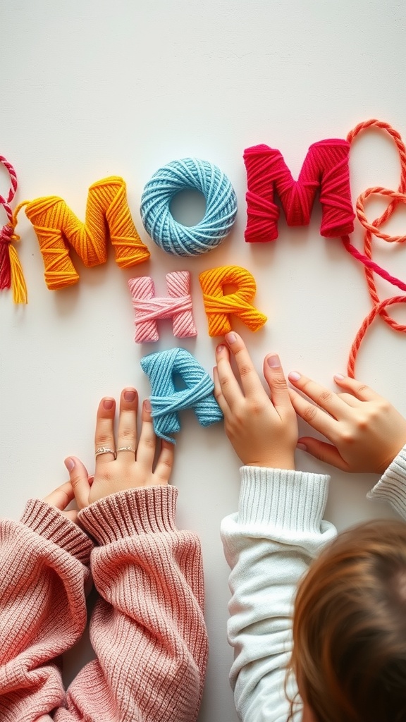 Colorful yarn-wrapped letters with hands of children around them