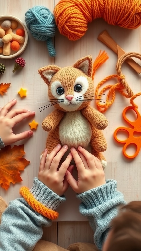 A child making a yarn cat with colorful yarn and craft supplies.