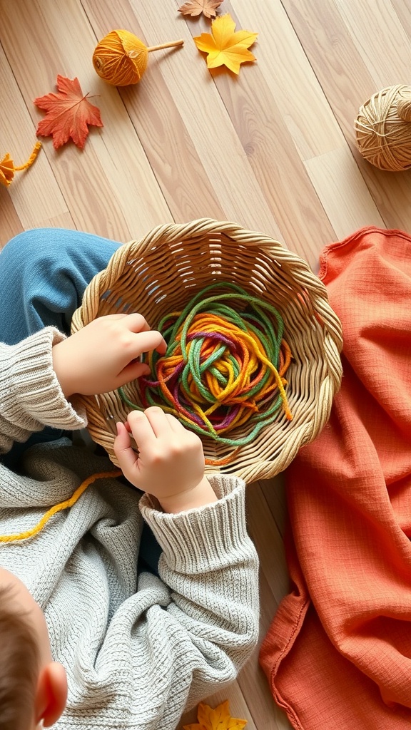 A child weaving colorful yarn into a basket, surrounded by autumn leaves and additional yarn balls.