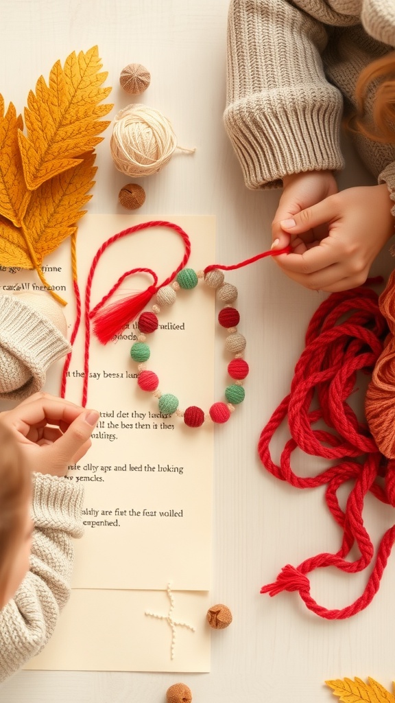 Children making yarn bead necklaces with colorful yarn and a string