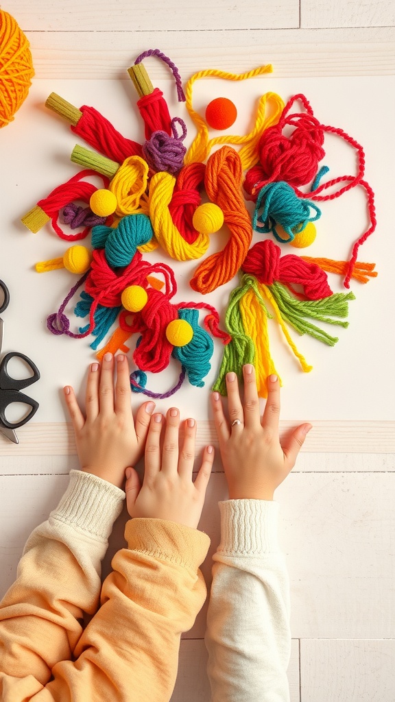 Colorful yarn pieces and pom-poms arranged for a collage art project, with children's hands ready to create.