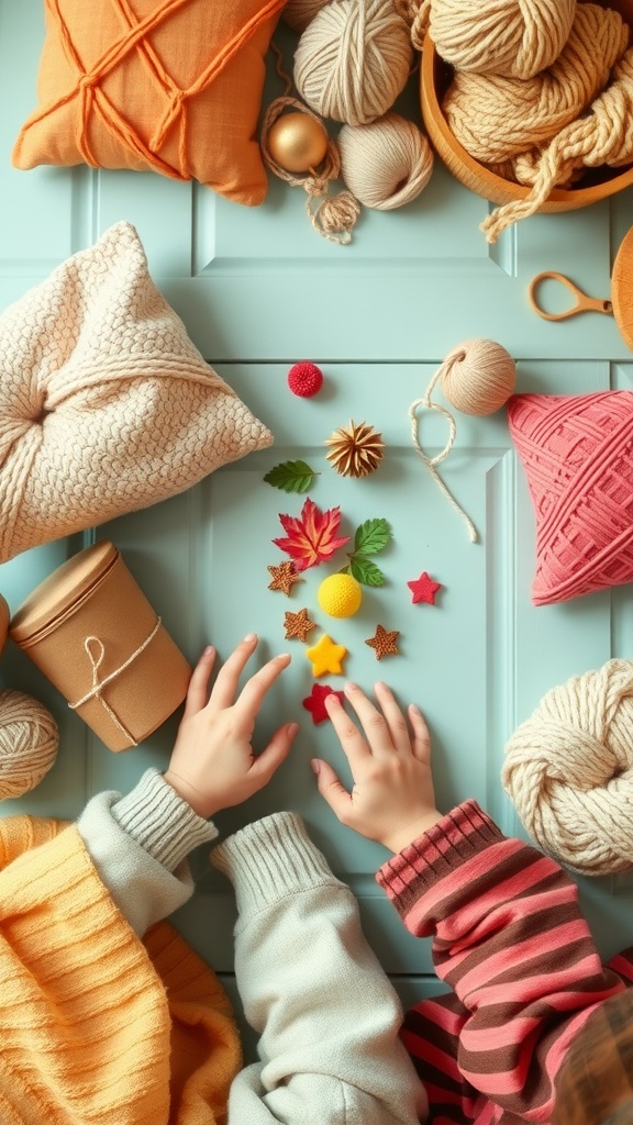 Colorful yarn, pillows, and playful decorations arranged on a table, with two hands reaching for DIY craft items.