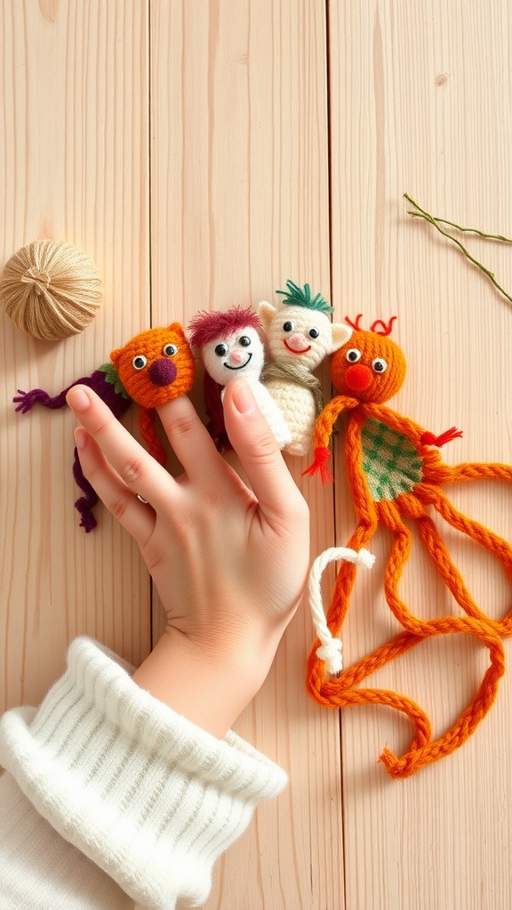 A hand holding colorful yarn finger puppets on a wooden surface.