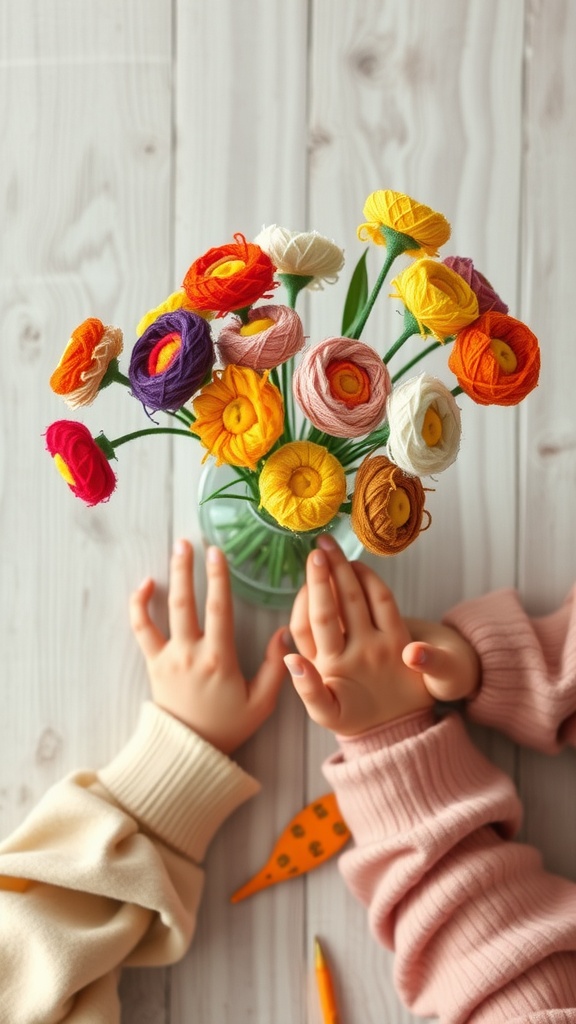 A colorful bouquet of yarn flowers held by children's hands