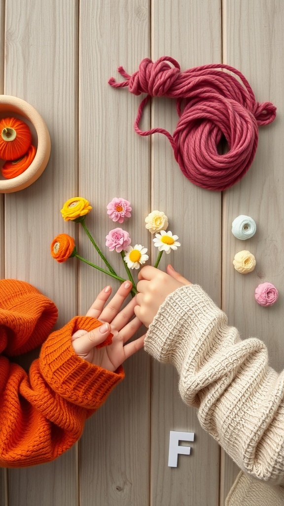 Two kids' hands working together to make yarn flowers with colorful yarn and a wooden bowl.