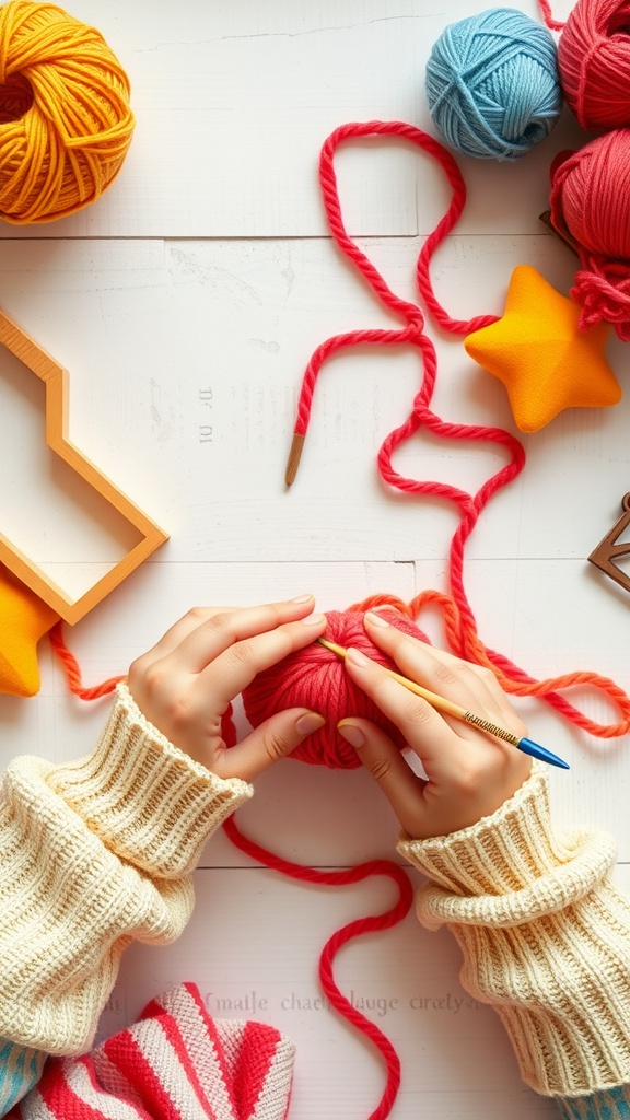 A close-up view of hands knitting with colorful yarn and a needle, surrounded by various yarn balls and crafting materials.