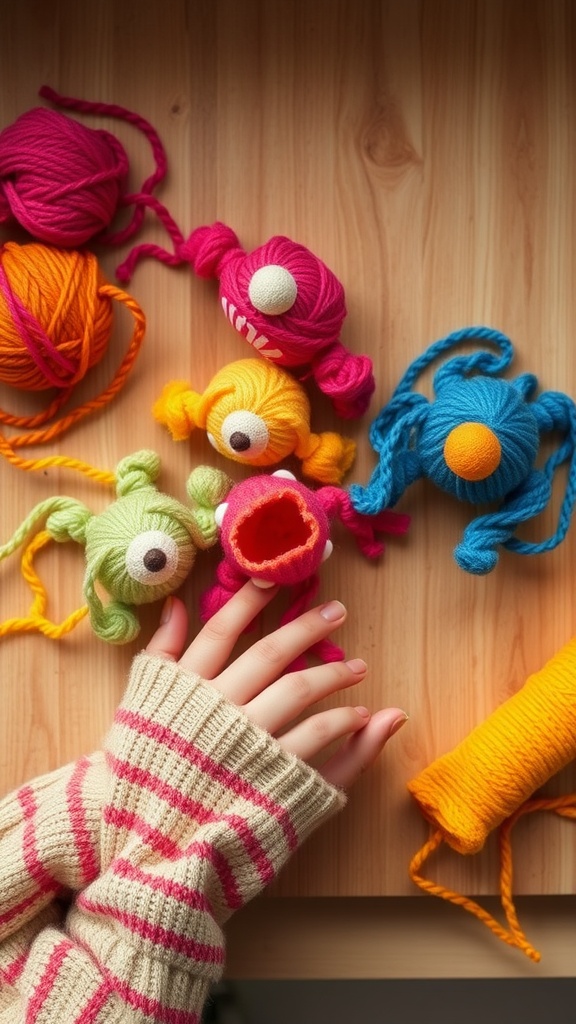 Colorful yarn monsters scattered around colorful yarn balls on a wooden table with a child's hand reaching towards them.