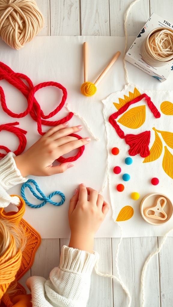 Image showing hands of a child working on a yarn painting project with colorful yarn and felt pieces.