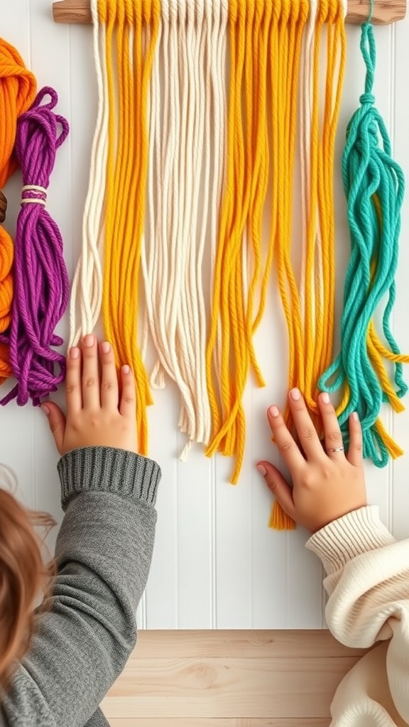 Children's hands touching colorful yarn strands on a wall hanging.