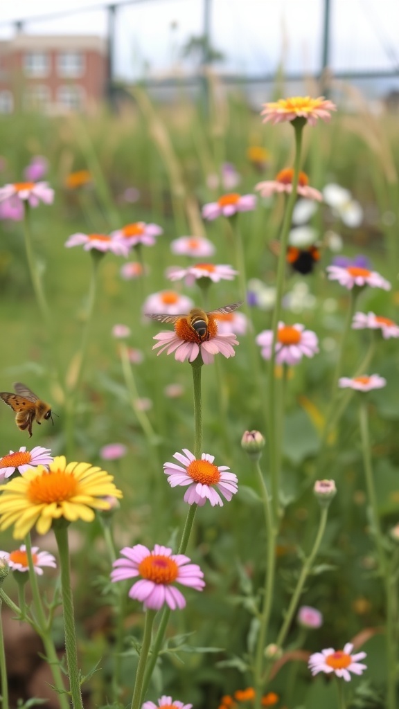 Colorful yarrow flowers in a garden with a bee hovering around a pink flower.