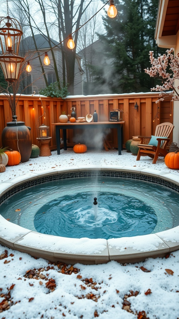 A small heated pool in a winter setting, surrounded by snow and warm lights