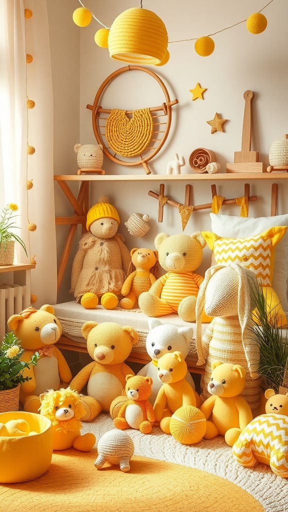 A cozy yellow-themed nursery filled with various yellow stuffed animals and toys.