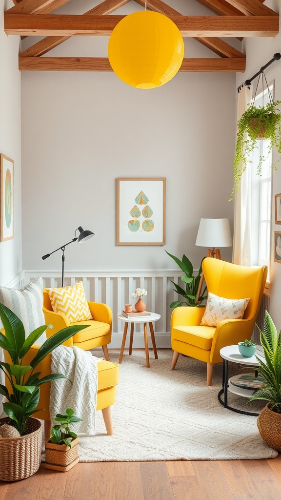 A cozy nursery featuring yellow accent furniture, including two chairs and a light fixture, surrounded by plants and decorative items.