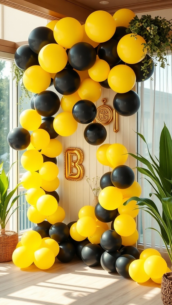 A festive arrangement of yellow and black balloons for a bee themed baby shower, with a decorative plant and gold letter 'B' in the background.